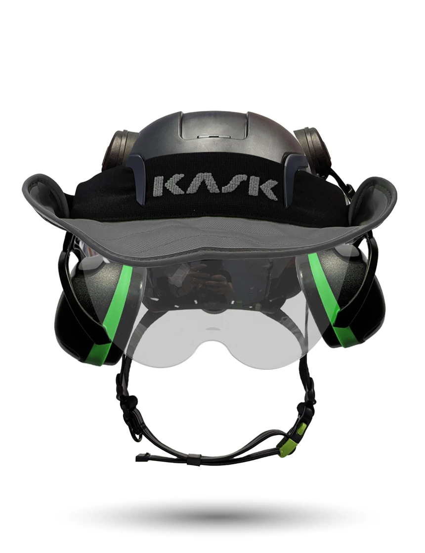 Black KASK Zenith X2 ANSI Safety Helmet with Half-Face Visor Kit (Silver Mirror) \u0026 Orange Ear Muffs (High Noise Reduction - 29-31 dB) \u0026 360-degree Sun Shield (Anthracite Gray)