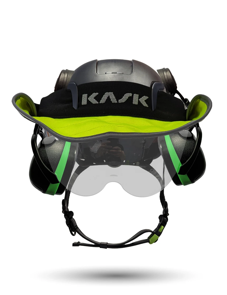 Black KASK Zenith X2 ANSI Safety Helmet with Half-Face Visor Kit (Silver Mirror) \u0026 Orange Ear Muffs (High Noise Reduction - 29-31 dB) \u0026 360-degree Sun Shield (Yellow Fluorescent)