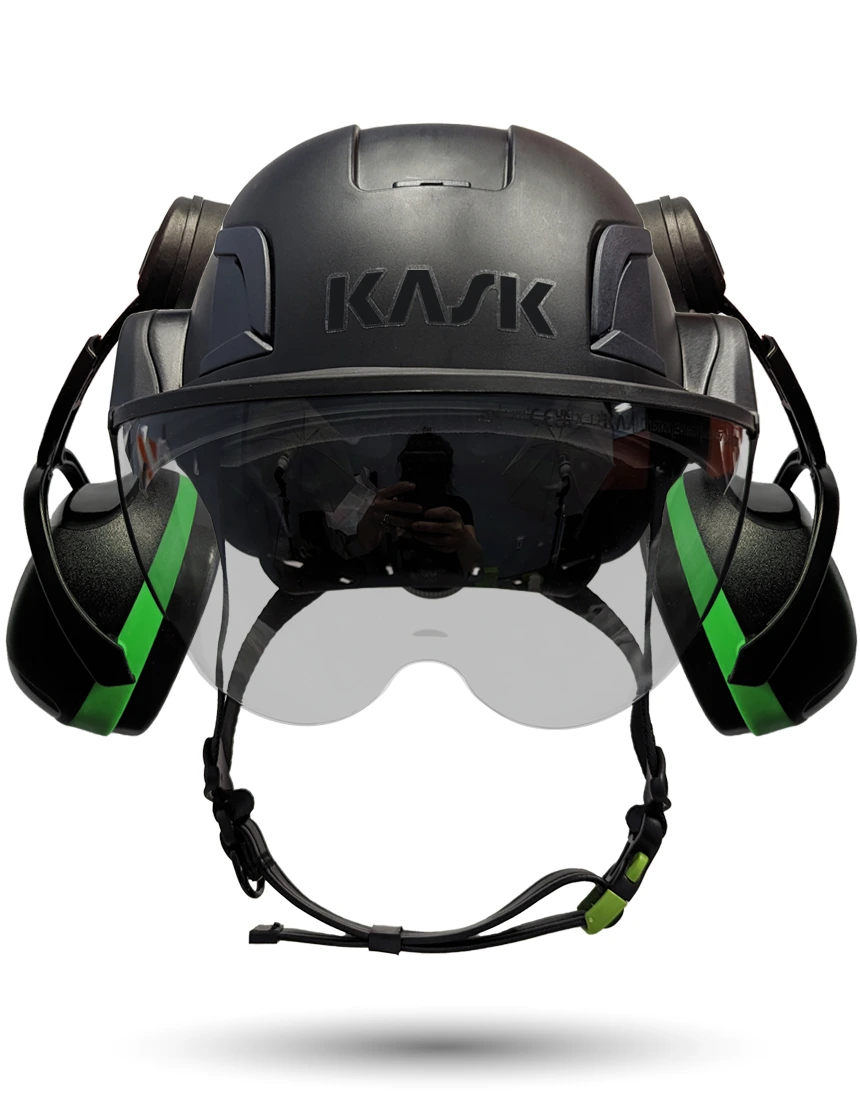 Black Kask Zenith X2 ANSI Class E Safety Helmet w/ Half-Face Visor Kit (Silver Mirror) \u0026 Green Ear Muffs (Low To Medium Noise Reduction - 23-25 Db)
