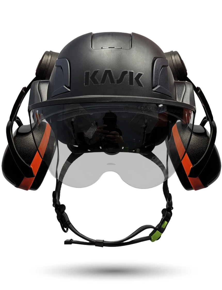 Black KASK Zenith X2 ANSI Safety Helmet with Half-Face Visor Kit (Silver Mirror) \u0026 Orange Ear Muffs (High Noise Reduction - 29-31 dB)
