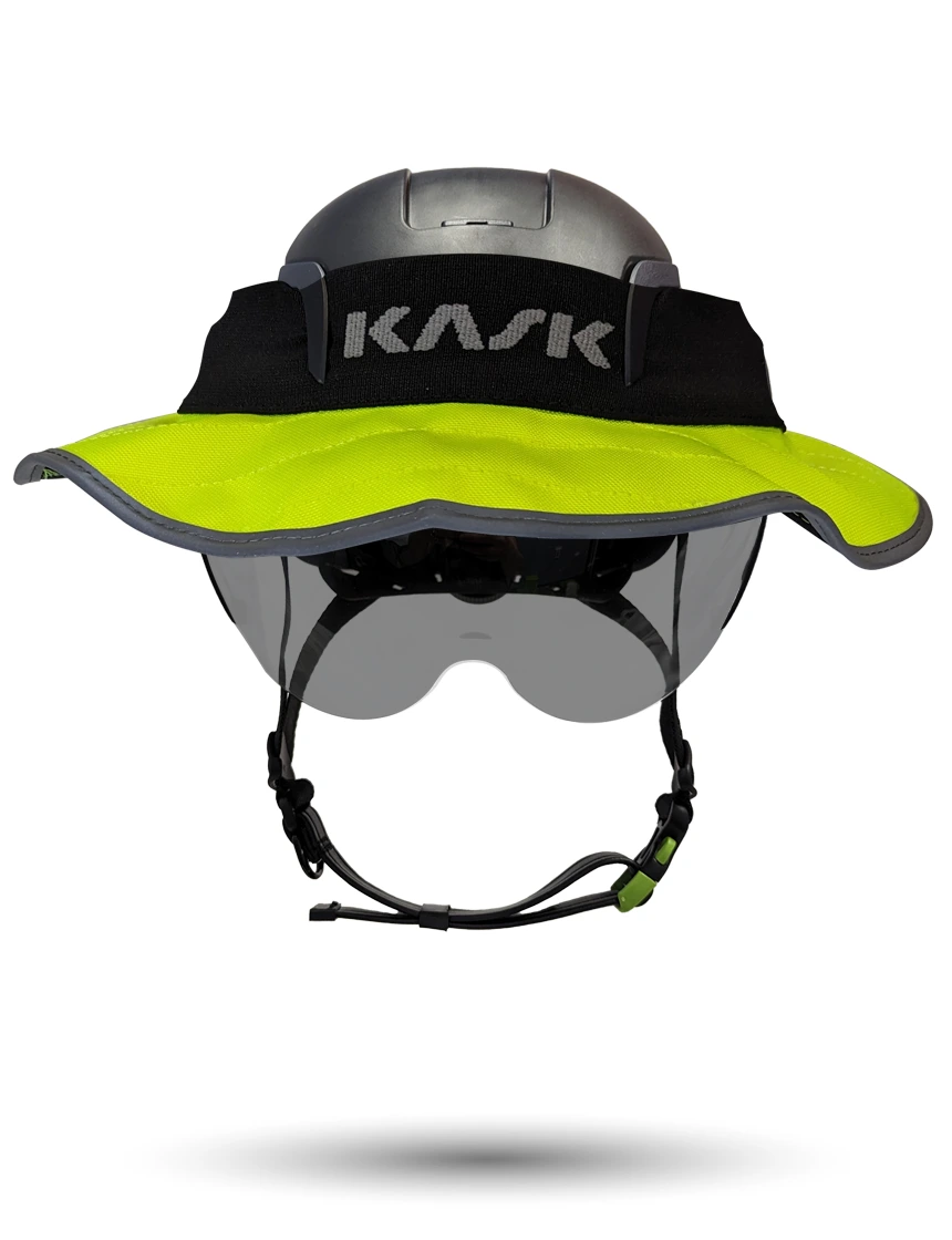 Black KASK Zenith X2 ANSI Safety Helmet with Half-Face Visor Kit (Smoke) \u0026 360-degree Sun Shield (Yellow Fluorescent)