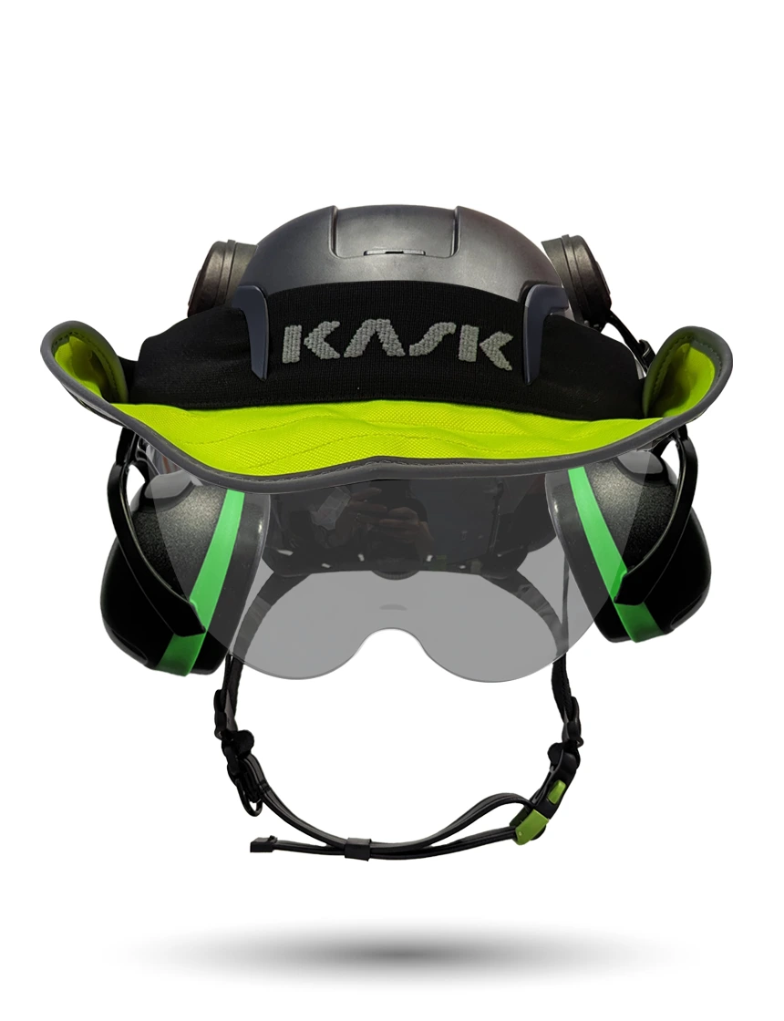 Black KASK Zenith X2 ANSI Safety Helmet with Half-Face Visor Kit (Smoke) \u0026 Green Ear Muffs (Low to Medium Noise Reduction - 23-25 dB) \u0026 10\" Neck Protector (Yellow Fluorescent)