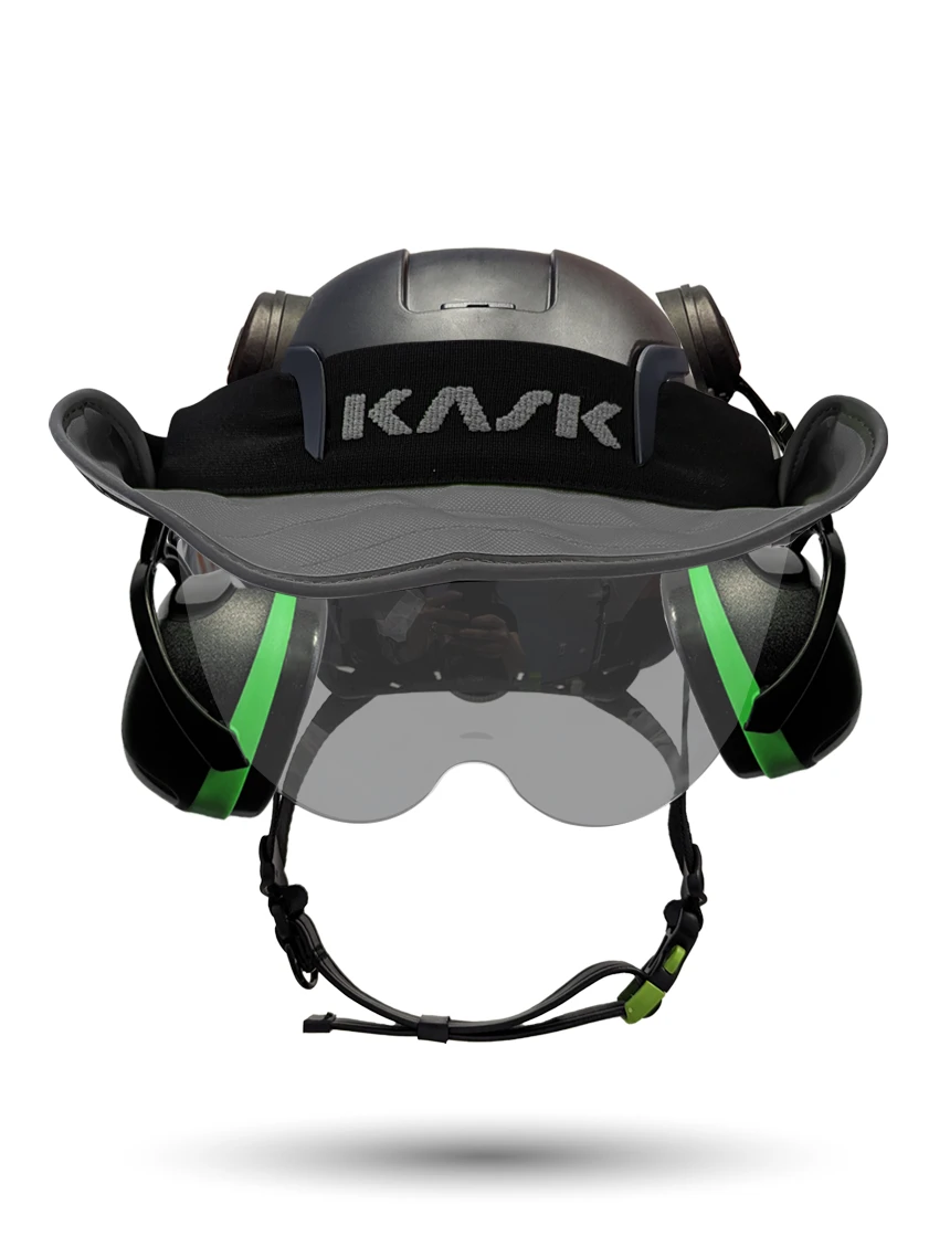 Black KASK Zenith X2 ANSI Safety Helmet with Half-Face Visor Kit (Smoke) \u0026 Orange Ear Muffs (High Noise Reduction - 29-31 dB) \u0026 360-degree Sun Shield (Anthracite Gray)