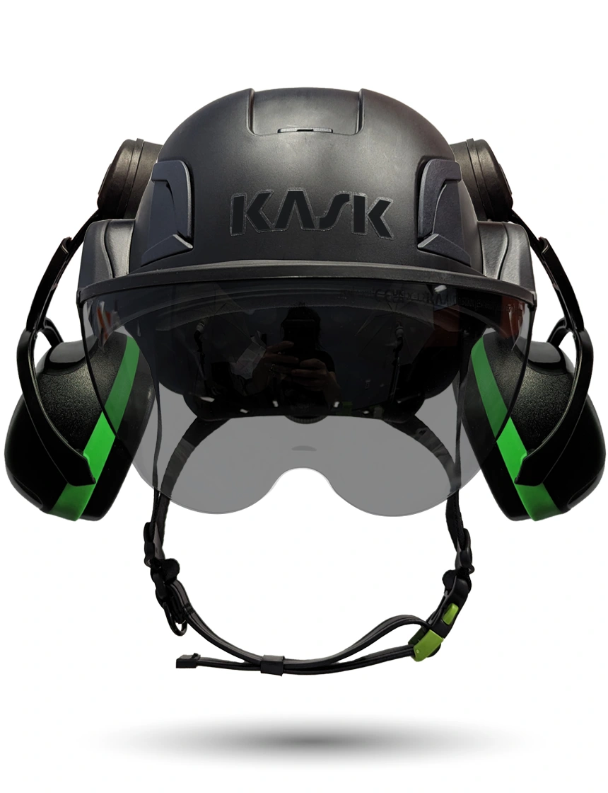 Black KASK Zenith X2 ANSI Safety Helmet with Half-Face Visor Kit (Smoke) \u0026 Green Ear Muffs (Low to Medium Noise Reduction - 23-25 dB)