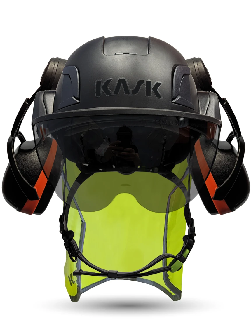 Black KASK Zenith X2 ANSI Safety Helmet with Half-Face Visor Kit (Smoke) \u0026 Orange Ear Muffs (High Noise Reduction - 29-31 dB) \u0026 10\" Neck Protector (Yellow Fluorescent)