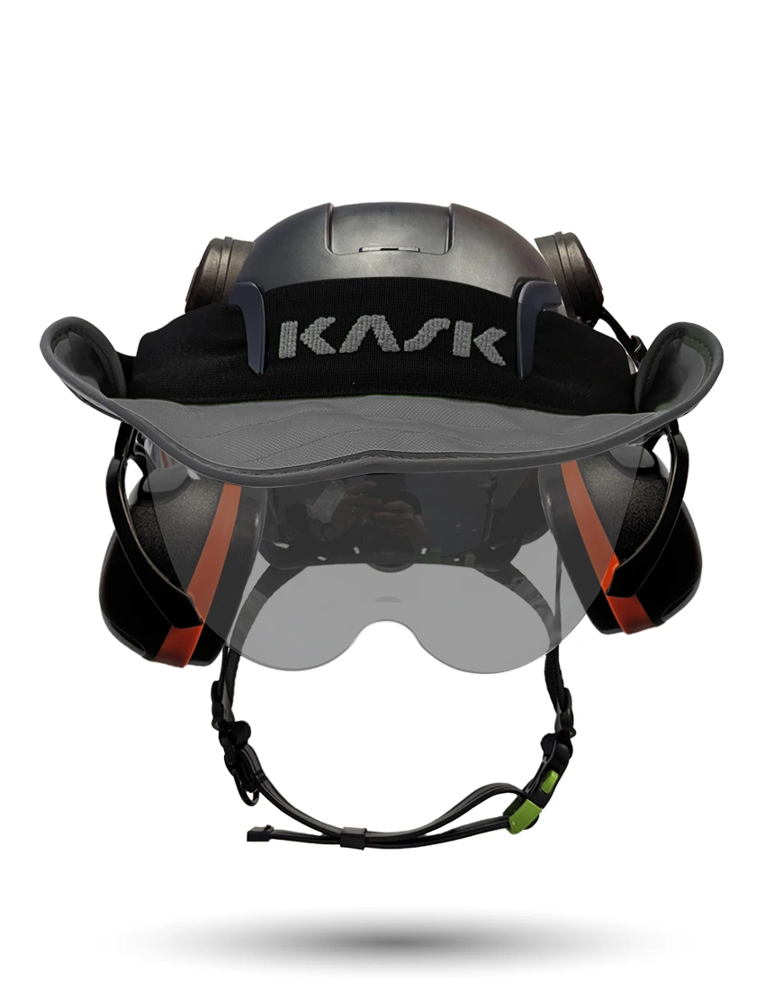 Black Kask Zenith X2 ANSI Class E Safety Helmet w/ Half-Face Visor Kit (Smoke) \u0026 Orange Ear Muffs (High Noise Reduction - 29-31 Db) \u0026 360-Degree Sun Shield (Anthracite Gray)