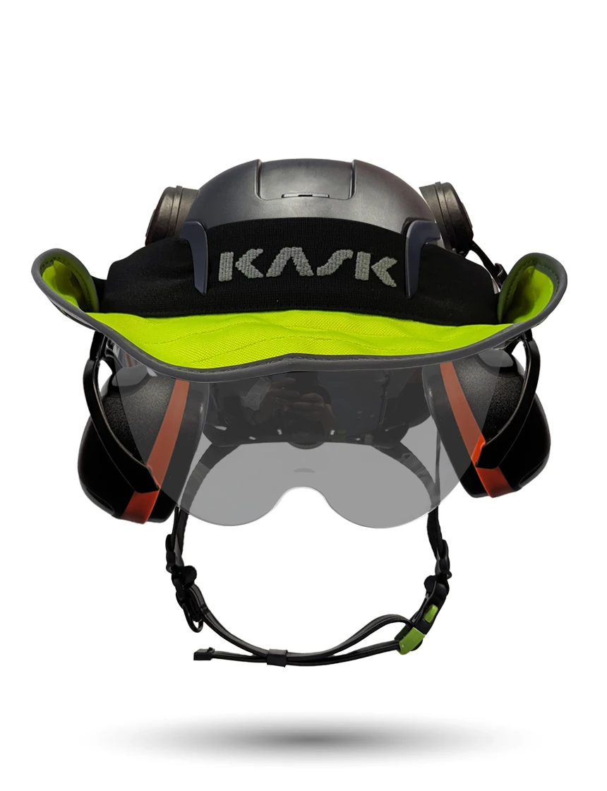 Black KASK Zenith X2 ANSI Safety Helmet with Half-Face Visor Kit (Smoke) \u0026 Orange Ear Muffs (High Noise Reduction - 29-31 dB) \u0026 360-degree Sun Shield (Yellow Fluorescent)