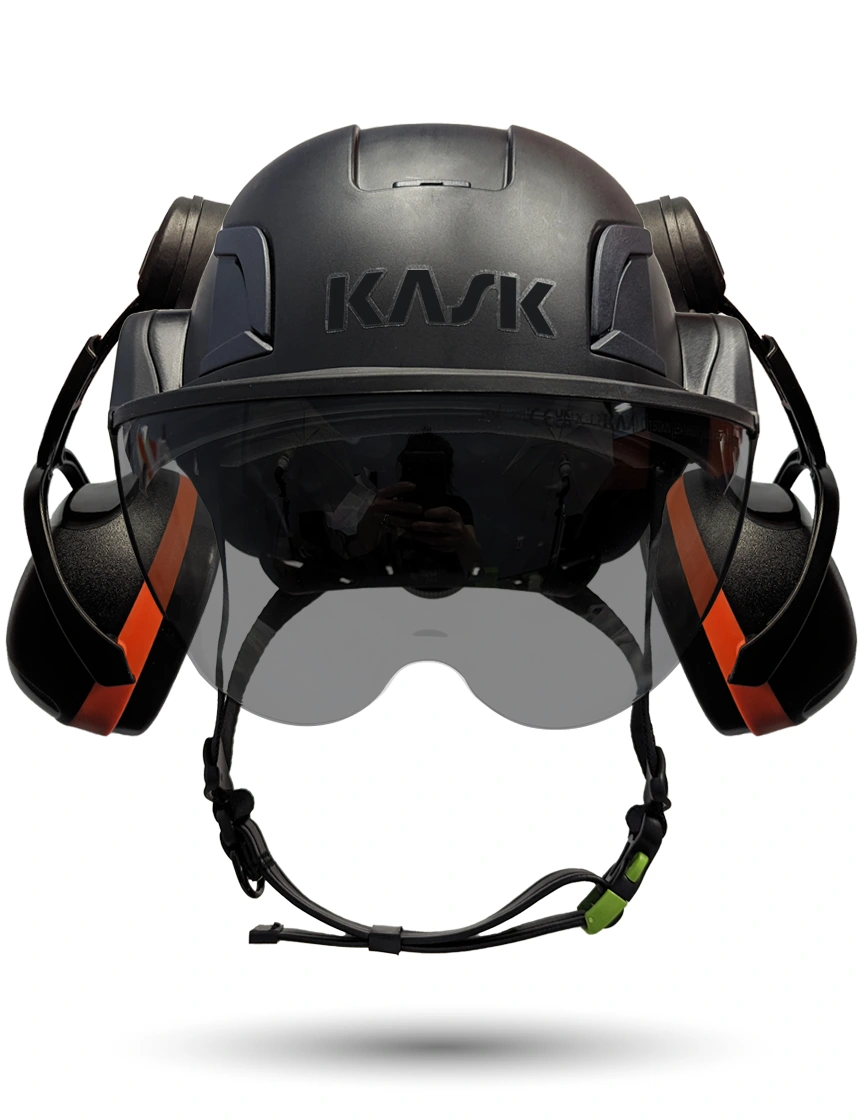 Black KASK Zenith X2 ANSI Safety Helmet with Half-Face Visor Kit (Smoke) \u0026 Orange Ear Muffs (High Noise Reduction - 29-31 dB)