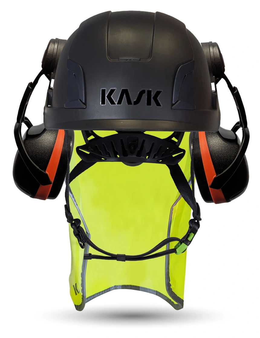 Black KASK Zenith X2 ANSI Safety Helmet with Orange Ear Muffs (High Noise Reduction - 29-31 dB) \u0026 10\" Neck Protector (Yellow Fluorescent)