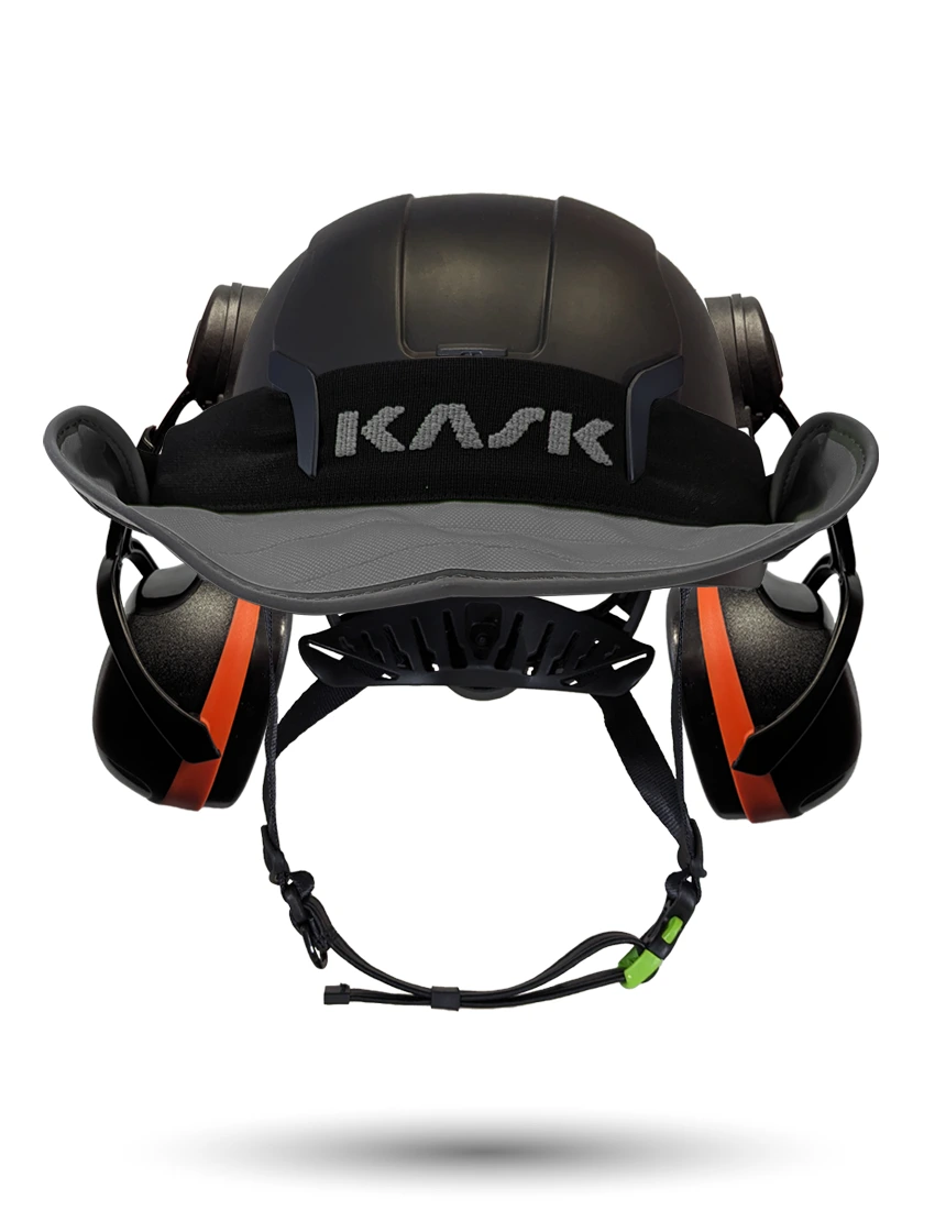 Black KASK Zenith X2 ANSI Safety Helmet with Orange Ear Muffs (High Noise Reduction - 29-31 dB) \u0026 360-degree Sun Shield (Anthracite Gray)