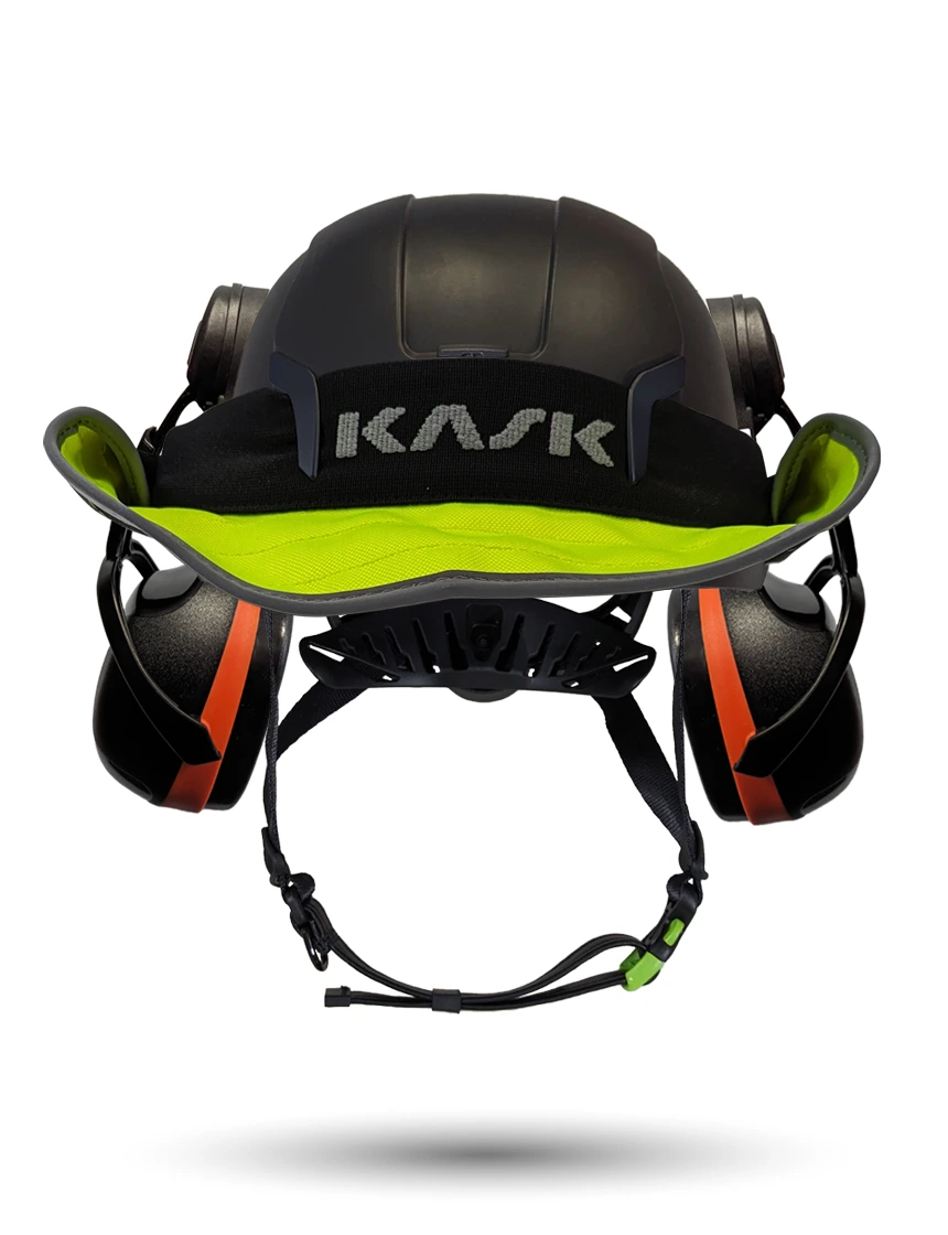 Black KASK Zenith X2 ANSI Safety Helmet with Orange Ear Muffs (High Noise Reduction - 29-31 dB) \u0026 360-degree Sun Shield (Yellow Fluorescent)