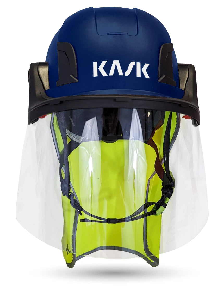 Blue Kask Zenith X2 ANSI Safety Helmet with Full-Face Shield \u0026 Brim Kit (Clear) \u0026 10\" Neck Protector (Yellow Fluorescent)