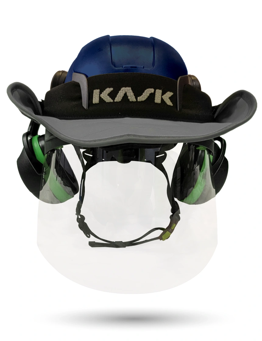 Blue Kask Zenith X2 ANSI Safety Helmet with Full-Face Shield \u0026 Brim Kit (Clear) \u0026 Orange Ear Muffs (High Noise Reduction - 29-31 dB) \u0026 360-degree Sun Shield (Anthracite Gray)
