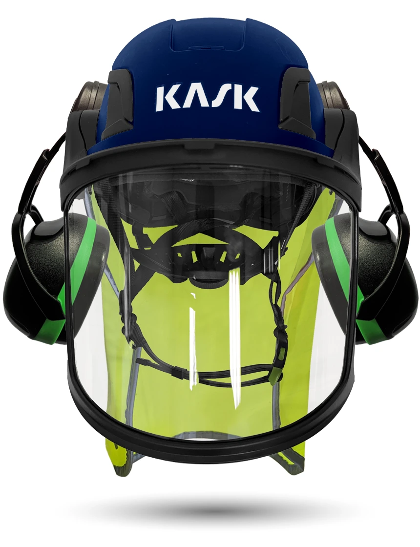 Blue Kask Zenith X2 ANSI Class E Safety Helmet w/ Full-Face Visor Kit (Clear) \u0026 Green Ear Muffs (Low To Medium Noise Reduction - 23-25 Db) \u0026 10\" Neck Protector (Yellow Fluorescent)