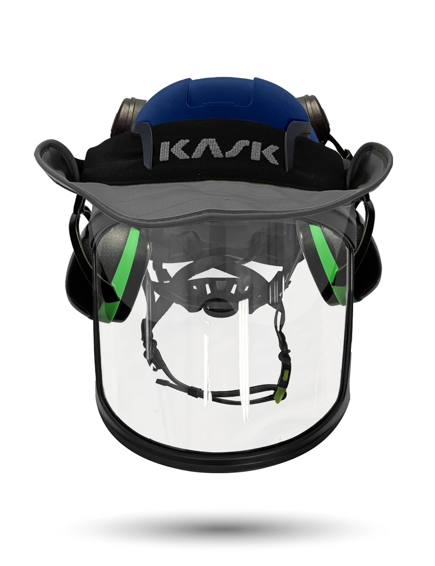 Blue Kask Zenith X2 ANSI Safety Helmet with Full-Face Visor Kit (Clear) \u0026 Orange Ear Muffs (High Noise Reduction - 29-31 dB) \u0026 360-degree Sun Shield (Anthracite Gray)