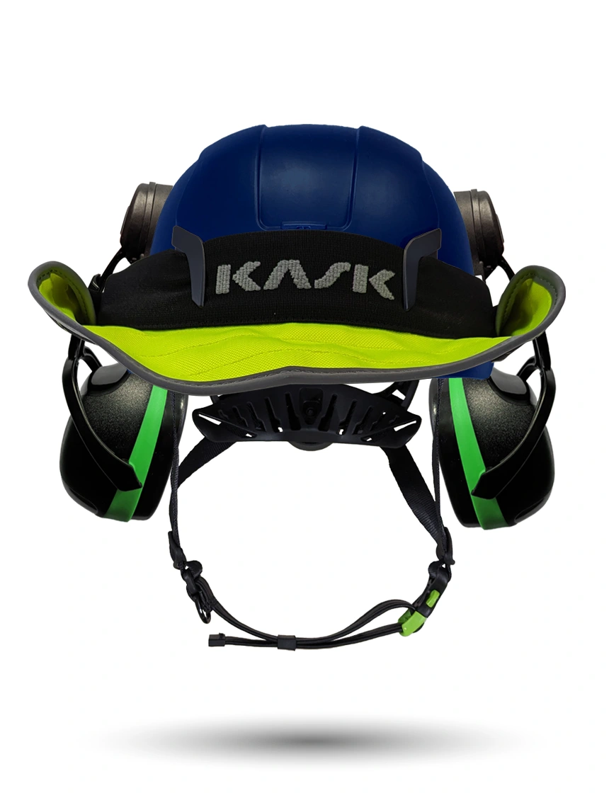 Blue Kask Zenith X2 ANSI Safety Helmet with Green Ear Muffs (Low to Medium Noise Reduction - 23-25 dB) \u0026 360-degree Sun Shield (Yellow Fluorescent)
