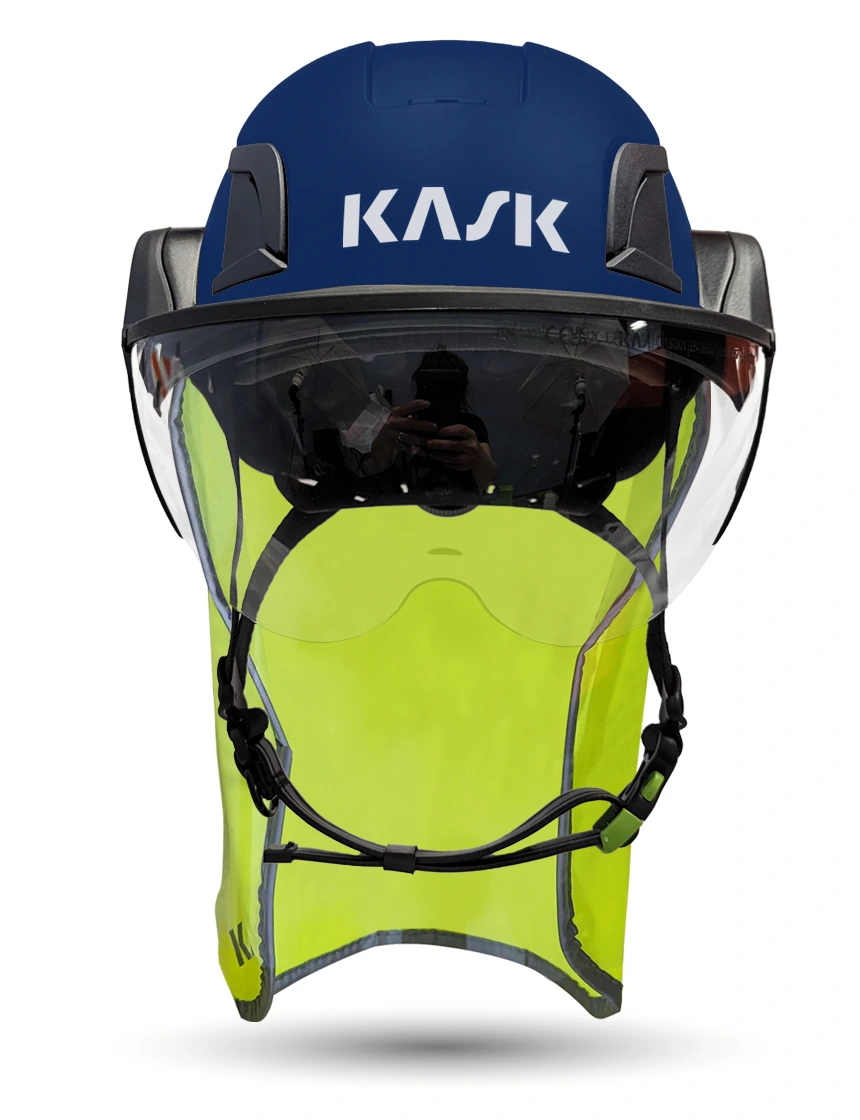 Blue Kask Zenith X2 ANSI Class E Safety Helmet w/ Half-Face Visor Kit (Clear) \u0026 10\" Neck Protector (Yellow Fluorescent)