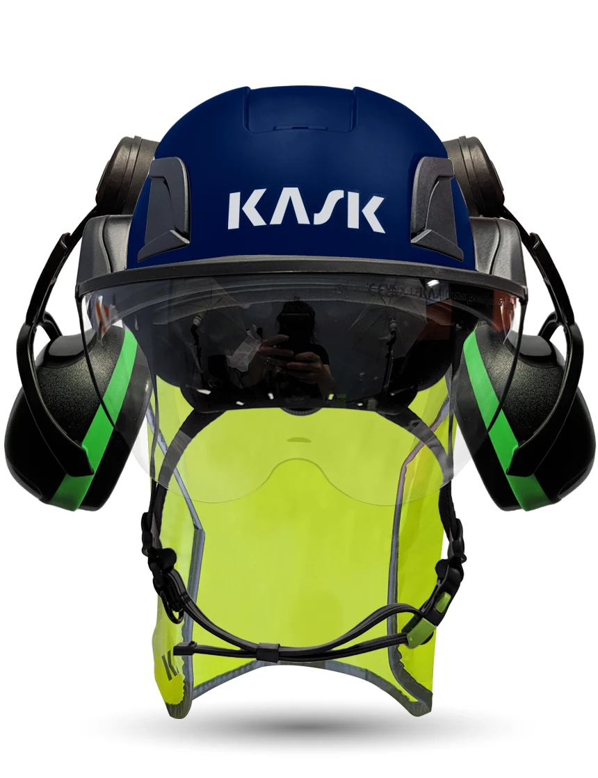 Blue Kask Zenith X2 ANSI Class E Safety Helmet w/ Half-Face Visor Kit (Clear) \u0026 Green Ear Muffs (Low To Medium Noise Reduction - 23-25 Db) \u0026 10\" Neck Protector (Yellow Fluorescent)