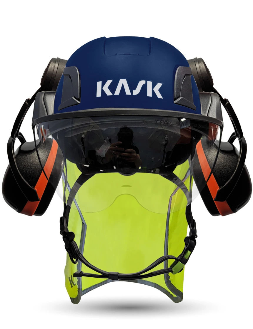 Blue Kask Zenith X2 ANSI Safety Helmet with Full-Face Visor Kit (Clear) \u0026 Orange Ear Muffs (High Noise Reduction - 29-31 dB) \u0026 10\" Neck Protector (Yellow Fluorescent)