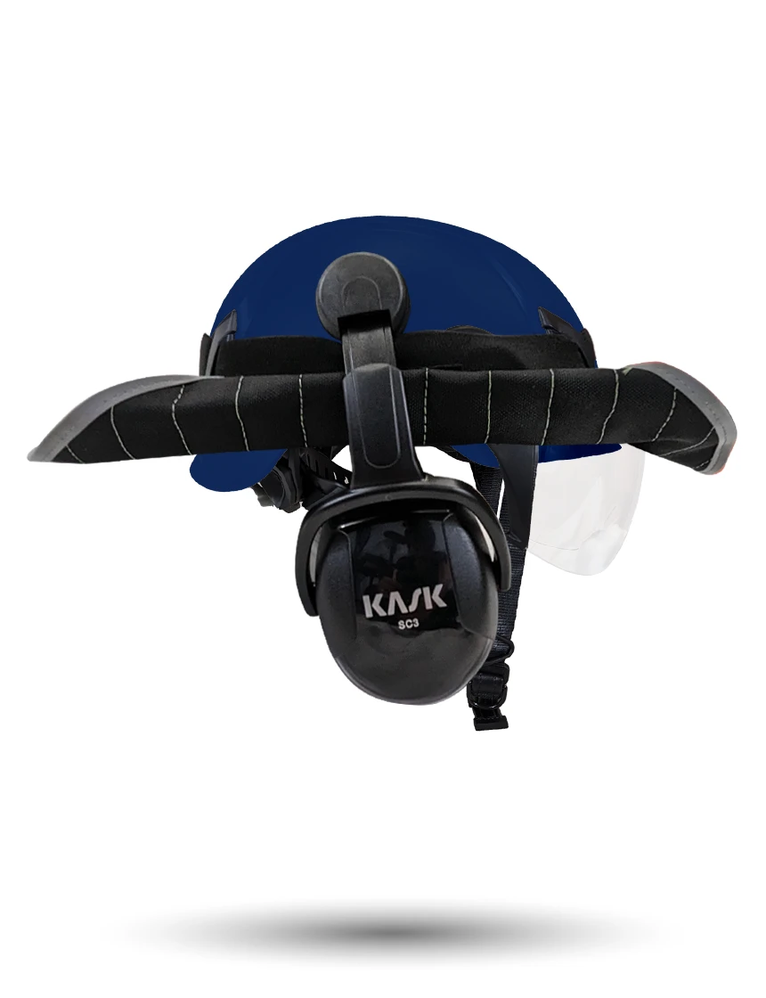 Blue Kask Zenith X2 ANSI Safety Helmet with Half-Face Visor Kit (Clear) \u0026 Orange Ear Muffs (High Noise Reduction - 29-31 dB) \u0026 360-degree Sun Shield (Anthracite Gray)
