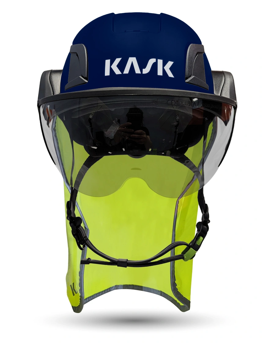 Blue Kask Zenith X2 ANSI Class E Safety Helmet w/ Half-Face Visor Kit (Silver Mirror) \u0026 10\" Neck Protector (Yellow Fluorescent)