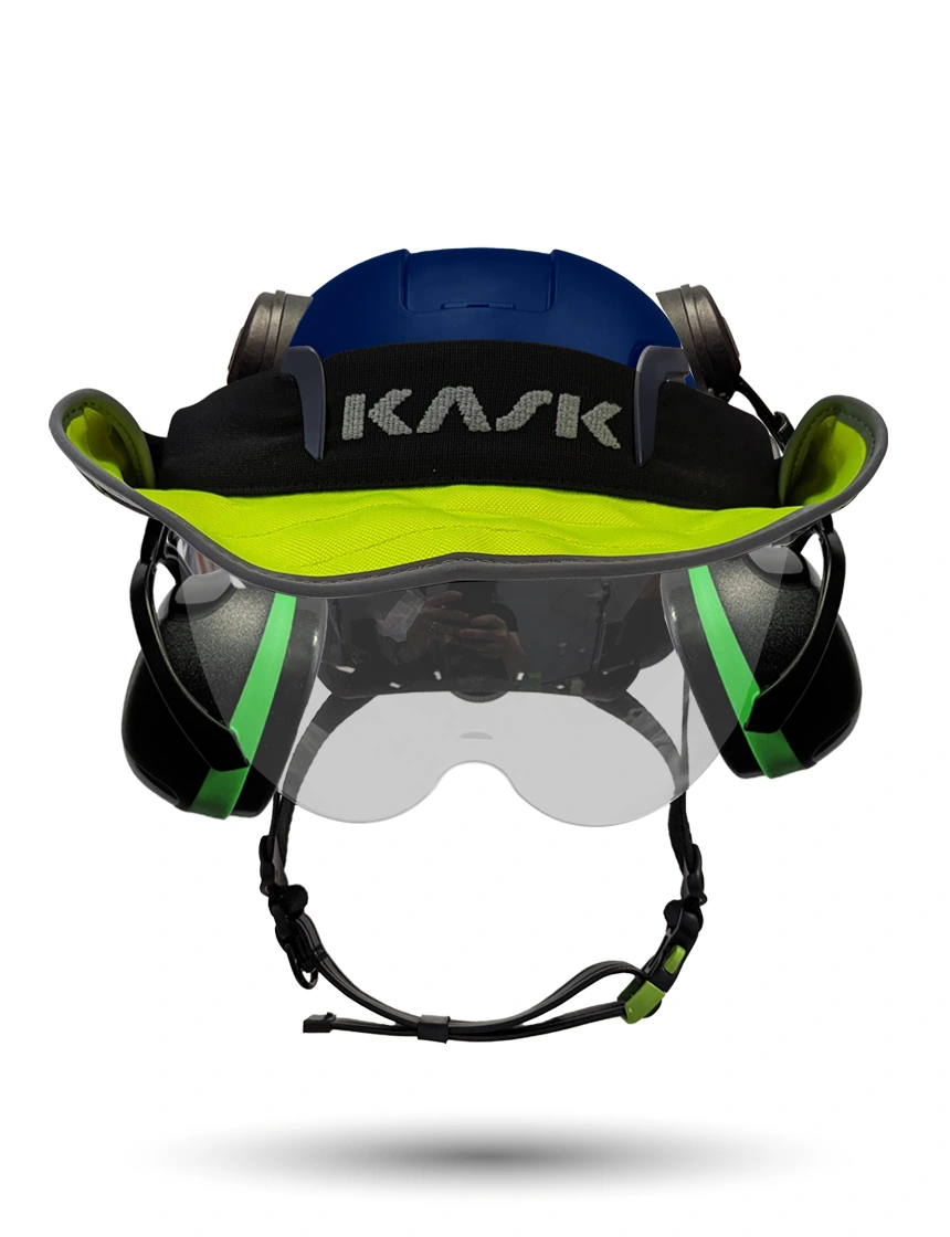 Blue Kask Zenith X2 ANSI Safety Helmet with Half-Face Visor Kit (Silver Mirror) \u0026 Orange Ear Muffs (High Noise Reduction - 29-31 dB) \u0026 360-degree Sun Shield (Yellow Fluorescent)