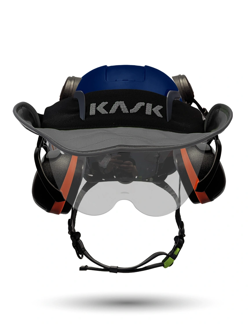 Blue Kask Zenith X2 ANSI Safety Helmet with Half-Face Visor Kit (Silver Mirror) \u0026 Orange Ear Muffs (High Noise Reduction - 29-31 dB) \u0026 360-degree Sun Shield (Anthracite Gray)