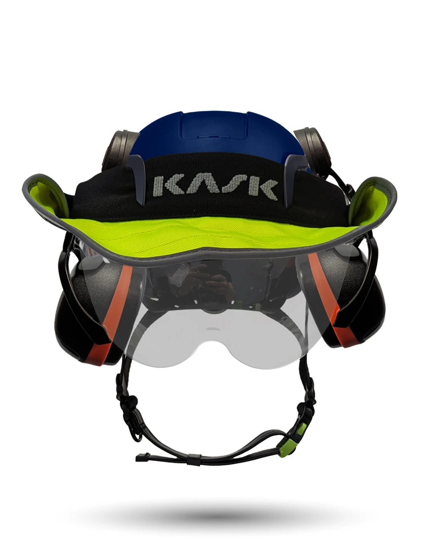 Blue Kask Zenith X2 ANSI Safety Helmet with Half-Face Visor Kit (Silver Mirror) \u0026 Orange Ear Muffs (High Noise Reduction - 29-31 dB) \u0026 360-degree Sun Shield (Yellow Fluorescent)