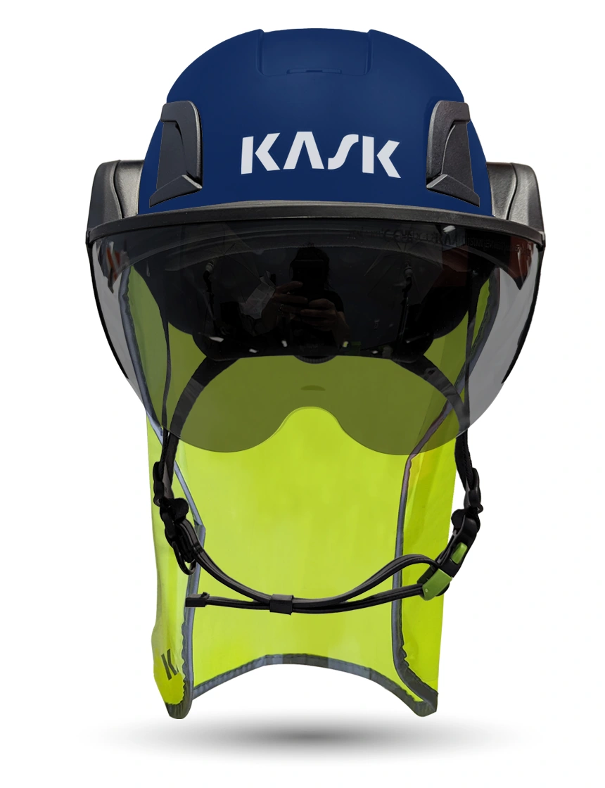 Blue Kask Zenith X2 ANSI Safety Helmet with Half Face Visor Kit (Smoke) \u0026 10\" Neck Protector (Yellow Fluorescent)