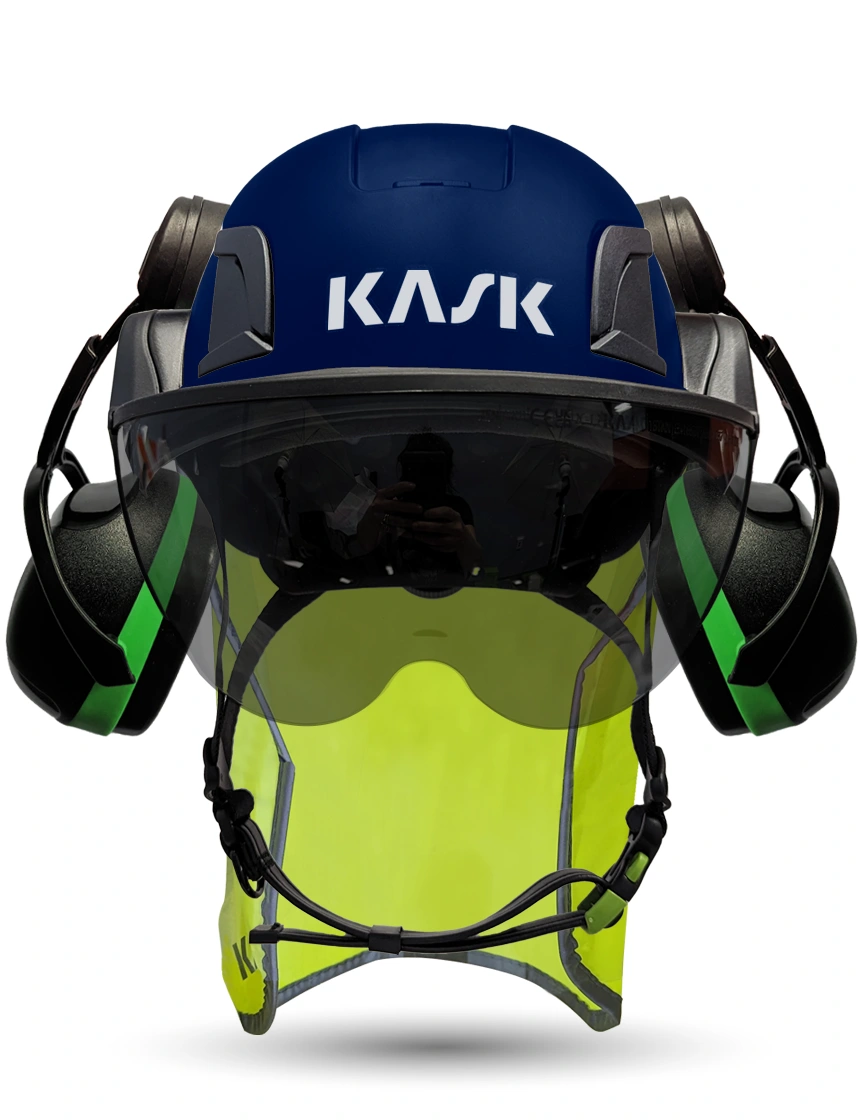 Blue Kask Zenith X2 ANSI Class E Safety Helmet w/ Half-Face Visor Kit (Smoke) \u0026 Green Ear Muffs (Low To Medium Noise Reduction - 23-25 Db) \u0026 10\" Neck Protector (Yellow Fluorescent)