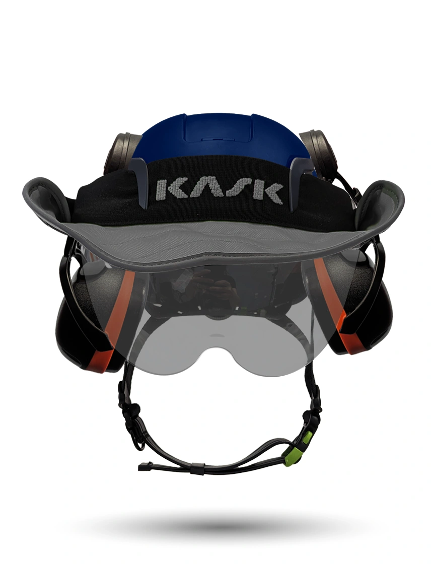 Blue Kask Zenith X2 ANSI Safety Helmet with Half-Face Visor Kit (Smoke) \u0026 Orange Ear Muffs (High Noise Reduction - 29-31 dB) \u0026 360-degree Sun Shield (Anthracite Gray)