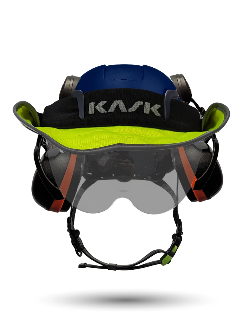 Blue Kask Zenith X2 ANSI Safety Helmet with Half-Face Visor Kit (Smoke) \u0026 Orange Ear Muffs (High Noise Reduction - 29-31 dB) \u0026 360-degree Sun Shield (Yellow Fluorescent)