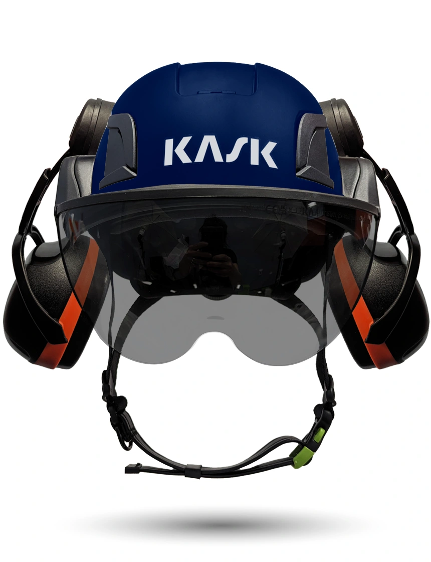 Blue Kask Zenith X2 ANSI Class E Safety Helmet w/ Half-Face Visor Kit (Smoke) \u0026 Orange Ear Muffs (High Noise Reduction - 29-31 Db)