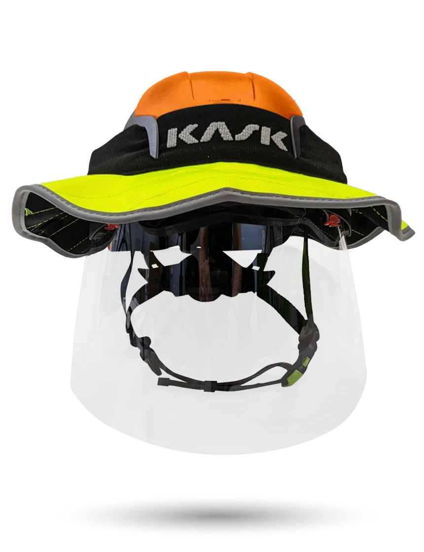 Orange KASK Zenith X2 ANSI Safety Helmet with Full-Face Shield \u0026 Brim Kit (Clear) \u0026 360-degree Sun Shield (Yellow Fluorescent)