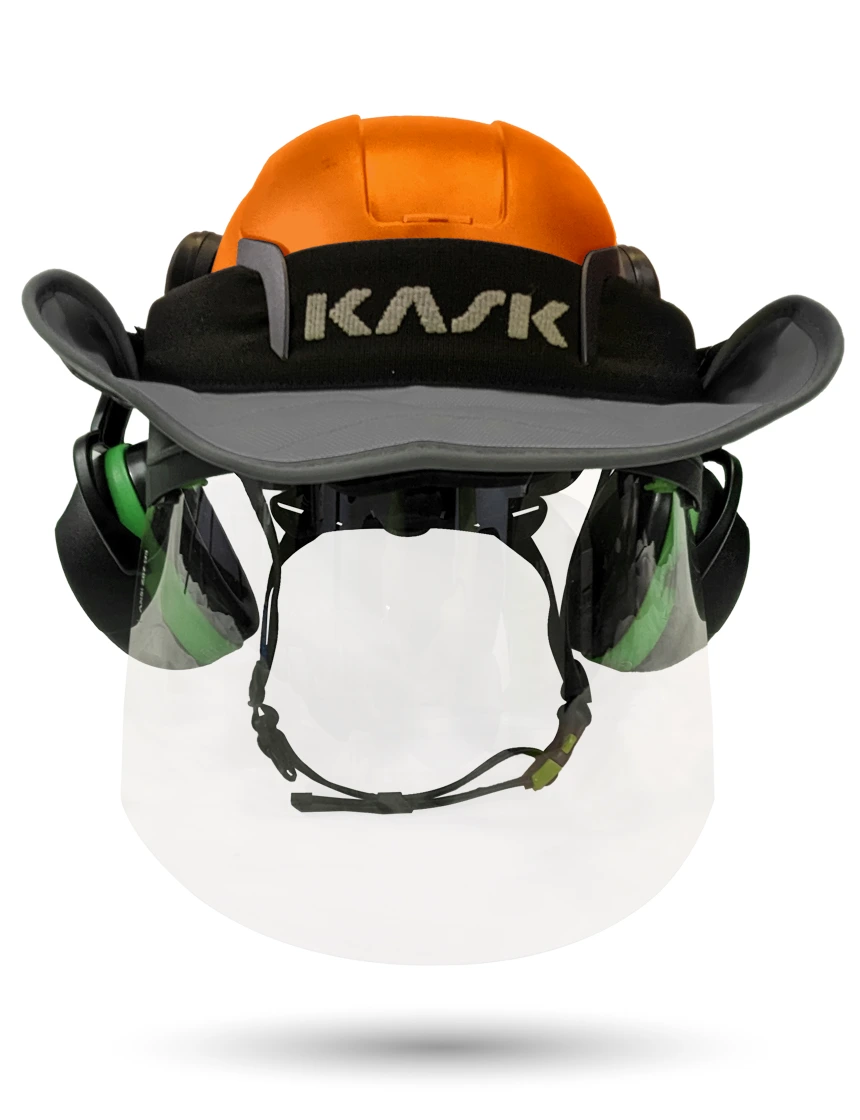 Orange KASK Zenith X2 ANSI Safety Helmet with Full-Face Shield \u0026 Brim Kit (Clear) \u0026 Green Ear Muffs (Low Noise Reduction - 23-25 dB) \u0026 360-degree Sun Shield (Anthracite Gray)