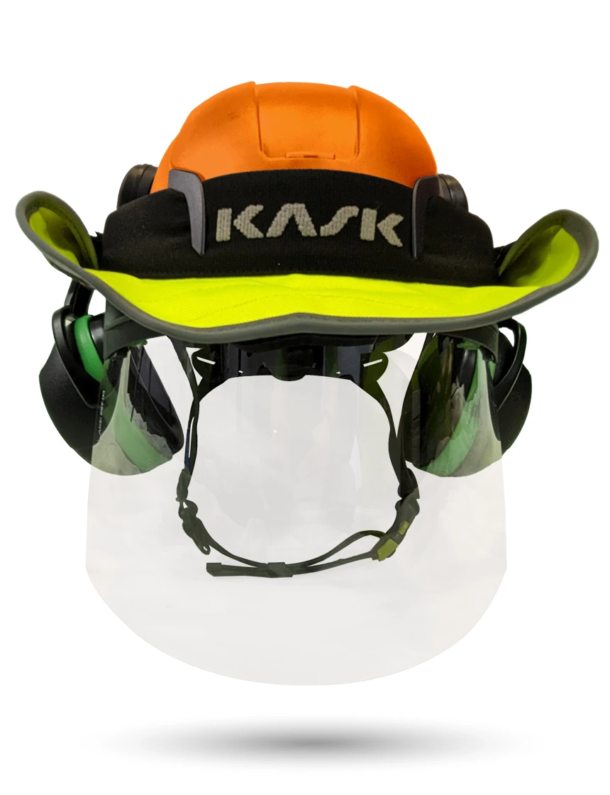 Orange KASK Zenith X2 ANSI Safety Helmet with Full-Face Shield \u0026 Brim Kit (Clear) \u0026 Green Ear Muffs (Low to Medium Noise Reduction - 23-25 dB) \u0026 360-degree Sun Shield (Yellow Fluorescent)