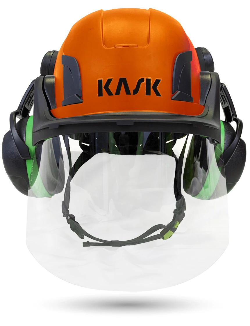 Orange KASK Zenith X2 ANSI Safety Helmet with Full-Face Shield \u0026 Brim Kit (Clear) \u0026 Green Ear Muffs (Low to Medium Noise Reduction - 23-25 dB)