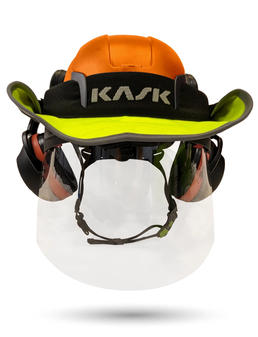 Orange KASK Zenith X2 ANSI Safety Helmet with Full-Face Shield \u0026 Brim Kit (Clear) \u0026 Orange Ear Muffs (High Noise Reduction - 29-31 dB) \u0026 360-degree Sun Shield (Yellow Fluorescent)