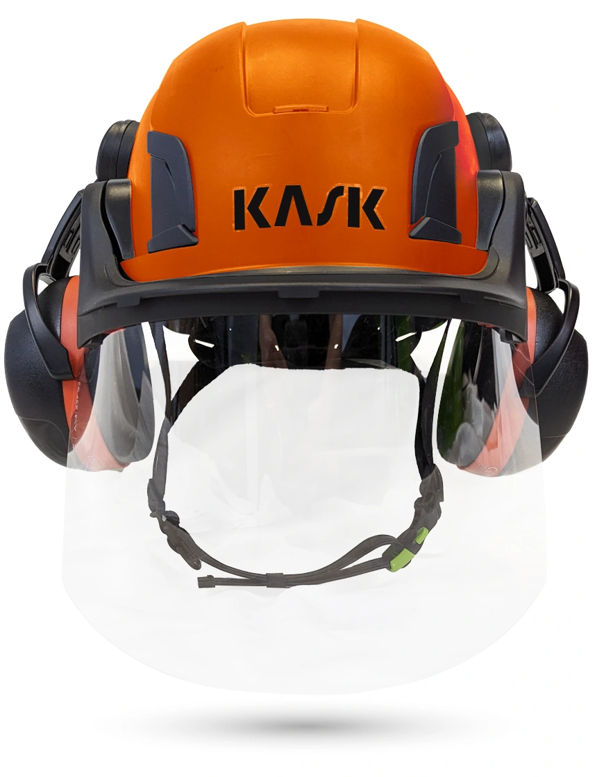 Orange KASK Zenith X2 ANSI Safety Helmet with Full-Face Shield \u0026 Brim Kit (Clear) \u0026 Orange Ear Muffs (High Noise Reduction - 29-31 dB)