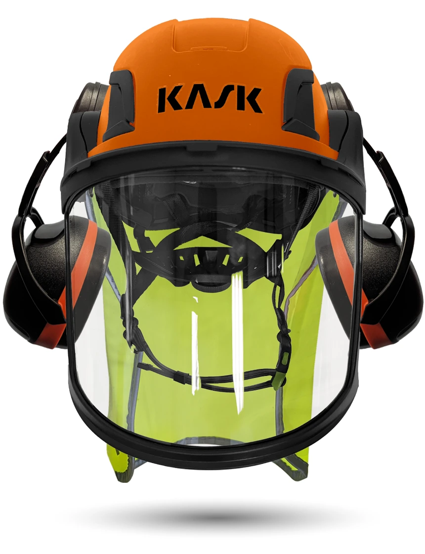 Orange KASK Zenith X2 ANSI Safety Helmet with Full-Face Visor Kit (Clear) \u0026 Orange Ear Muffs (High Noise Reduction - 29-31 dB) \u0026 10\" Neck Protector (Yellow Fluorescent)