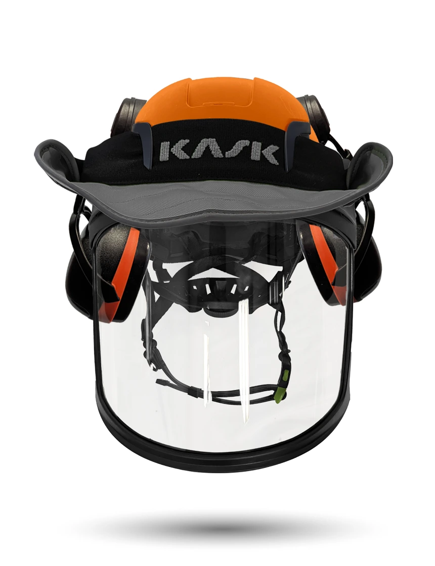 Orange KASK Zenith X2 ANSI Safety Helmet with Full-Face Visor Kit (Clear) \u0026 Orange Ear Muffs (High Noise Reduction - 29-31 dB) \u0026 360-degree Sun Shield (Anthracite Gray)