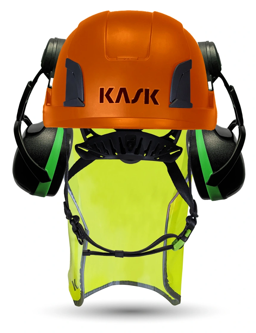 Orange KASK Zenith X2 ANSI Safety Helmet with Green Ear Muffs (Low to Medium Noise Reduction - 23-25 dB) \u0026 10\" Neck Protector (Yellow Fluorescent)
