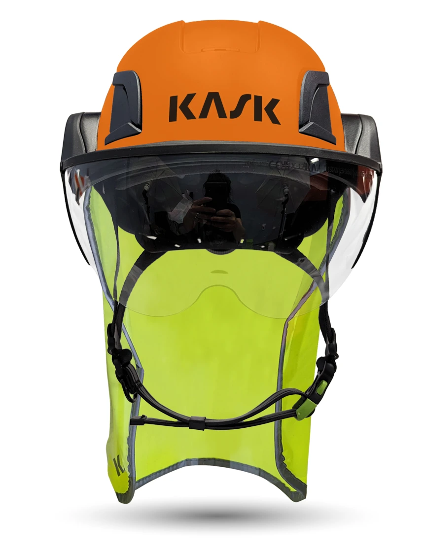 Orange KASK Zenith X2 ANSI Safety Helmet with Half-Face Visor Kit (Clear) \u0026 10\" Neck Protector (Yellow Fluorescent)