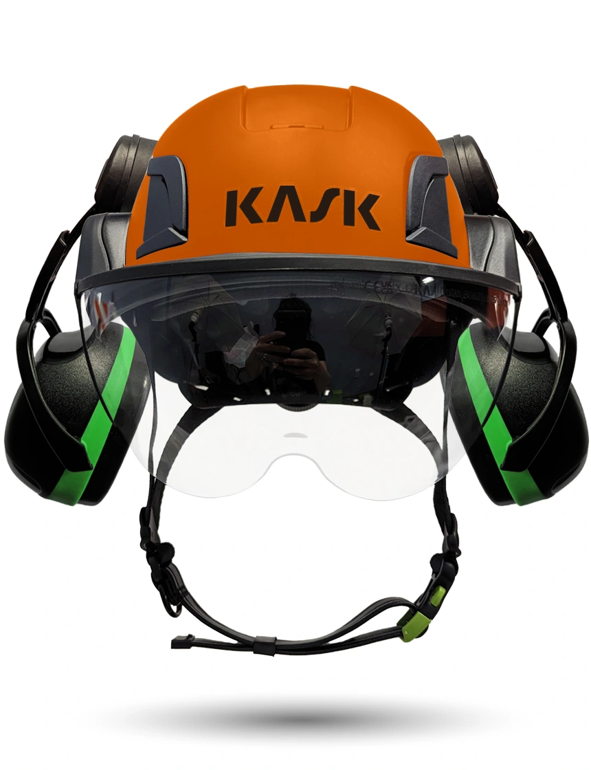 Orange KASK Zenith X2 ANSI Safety Helmet with Half-Face Visor Kit (Clear) \u0026 Green Ear Muffs (Low to Medium Noise Reduction - 23-25 dB)