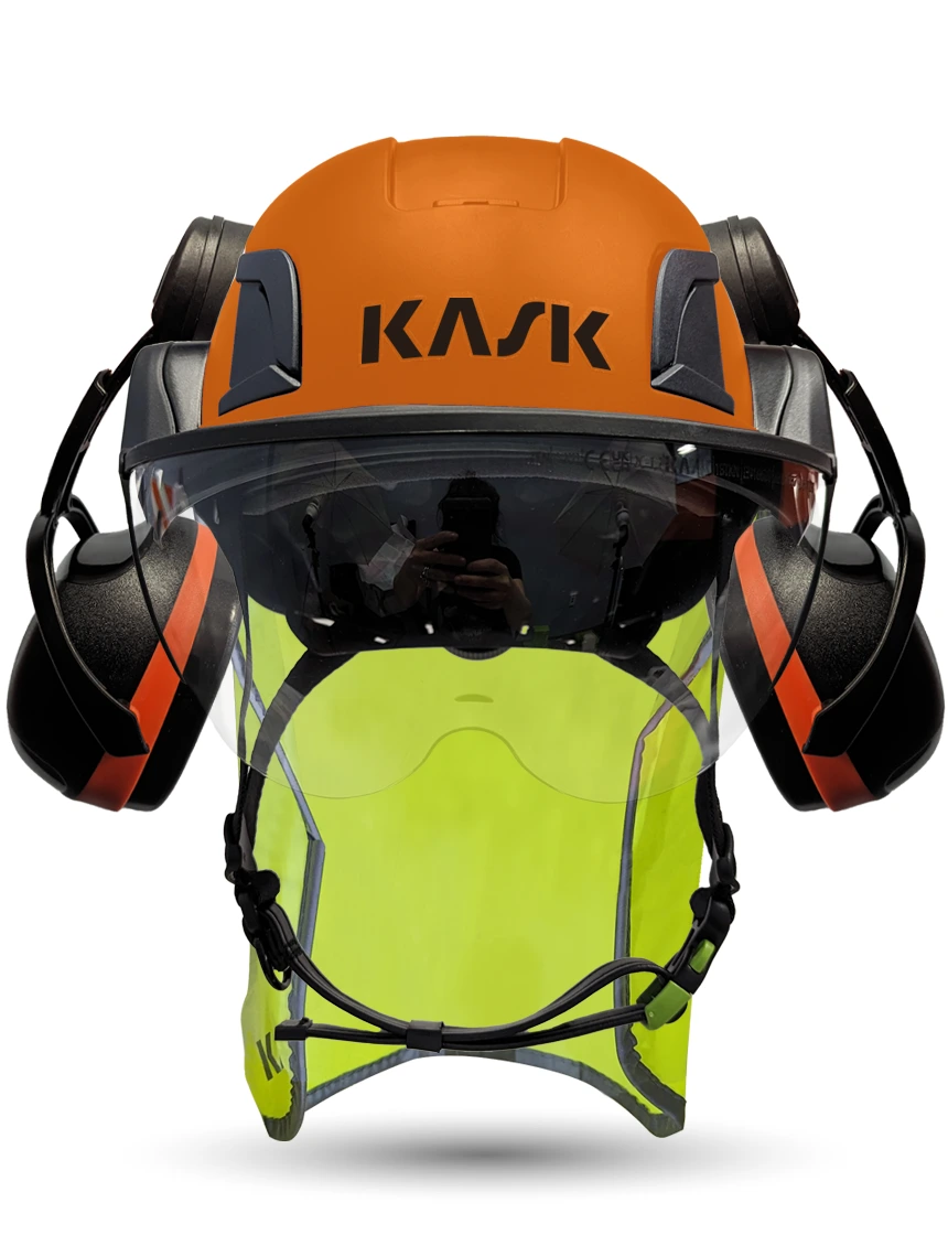 Orange KASK Zenith X2 ANSI Safety Helmet with Full-Face Visor Kit (Clear) \u0026 Orange Ear Muffs (High Noise Reduction - 29-31 dB) \u0026 10\" Neck Protector (Yellow Fluorescent)