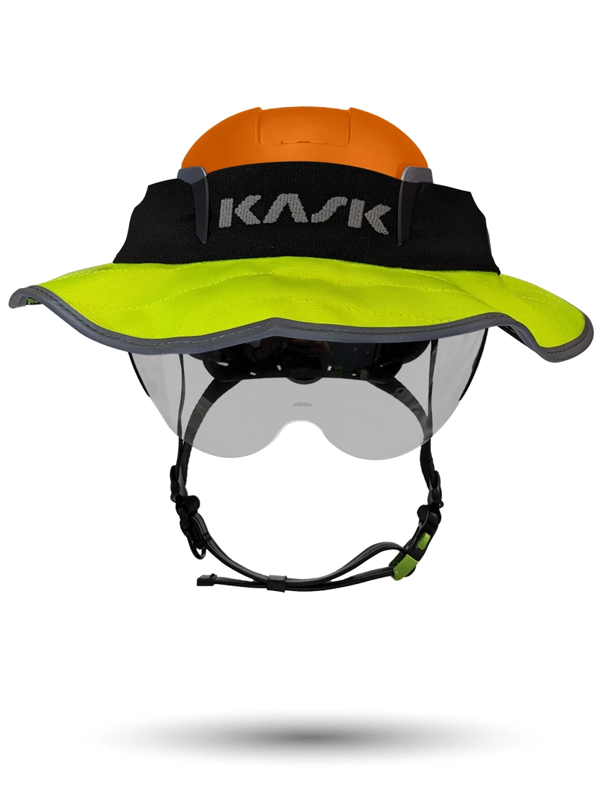 Orange KASK Zenith X2 ANSI Safety Helmet with Half-Face Visor Kit (Silver Mirror) \u0026 360-degree Sun Shield (Yellow Fluorescent)