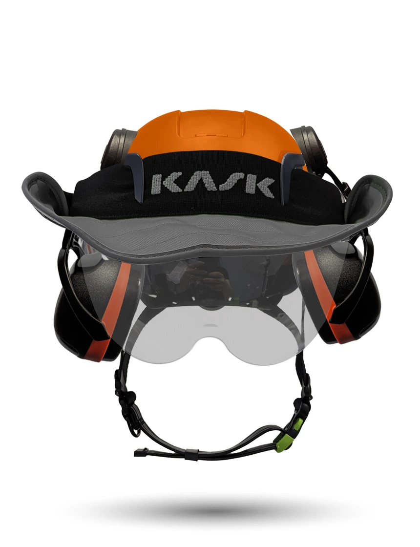 Orange KASK Zenith X2 ANSI Safety Helmet with Half-Face Visor Kit (Silver Mirror) \u0026 Orange Ear Muffs (High Noise Reduction - 29-31 dB) \u0026 360-degree Sun Shield (Anthracite Gray)