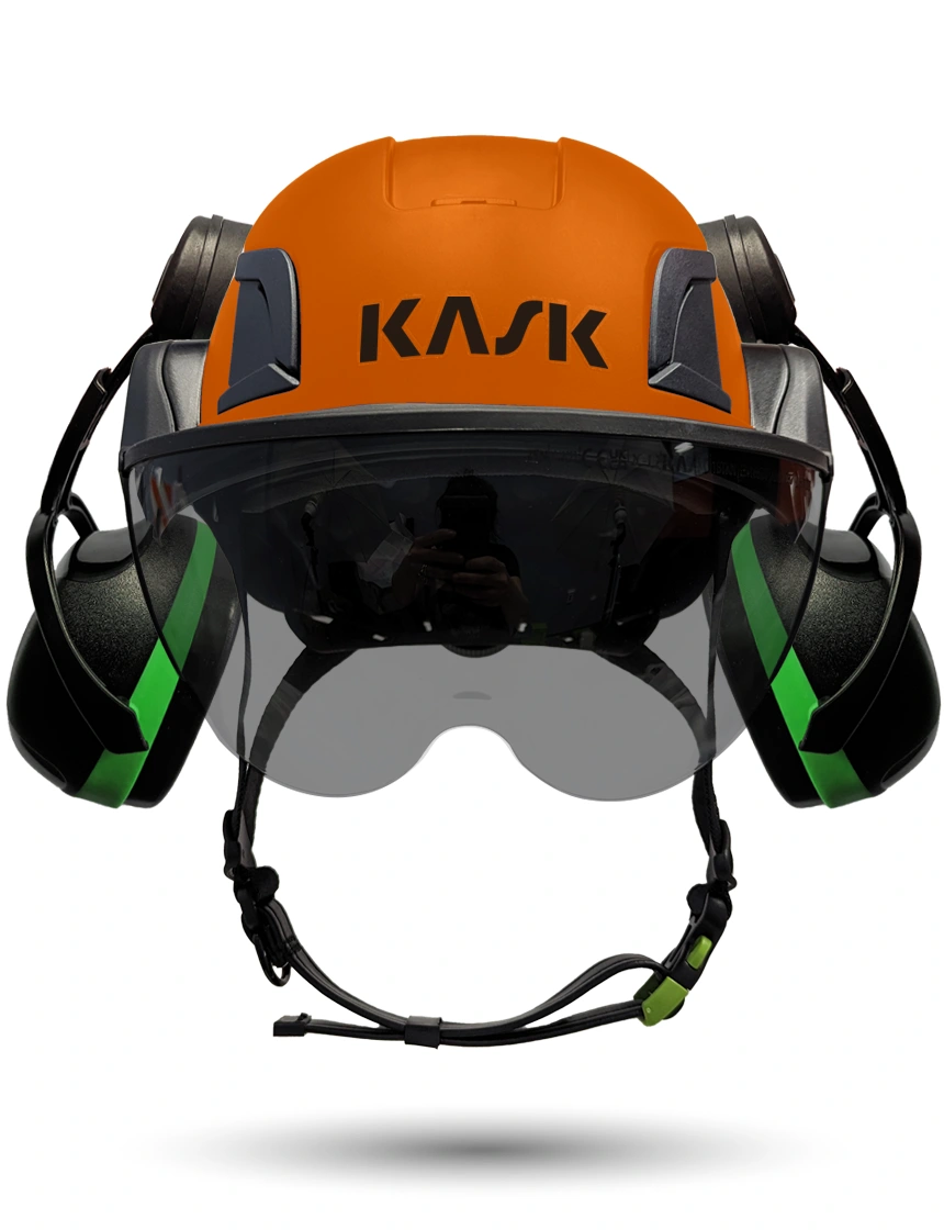Orange KASK Zenith X2 ANSI Safety Helmet with Half-Face Visor Kit (Smoke) \u0026 Green Ear Muffs (Low to Medium Noise Reduction - 23-25 dB)