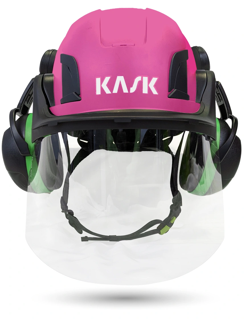 Pink KASK Zenith X2 ANSI Safety Helmet with Full-Face Shield \u0026 Brim Kit (Clear) \u0026 Green Ear Muffs (Low to Medium Noise Reduction - 23-25 dB)