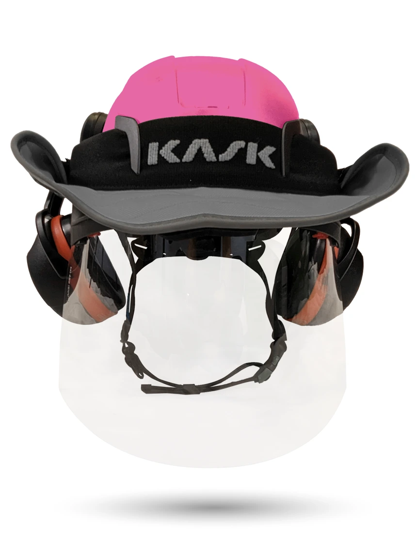 Pink KASK Zenith X2 ANSI Safety Helmet with Full-Face Shield \u0026 Brim Kit (Clear) \u0026 Orange Ear Muffs (High Noise Reduction - 29-31 dB) \u0026 360-degree Sun Shield (Anthracite Gray)